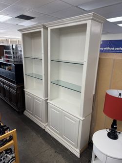 Large White Bookcase Cabinet with Glass Shelves ($95 each)