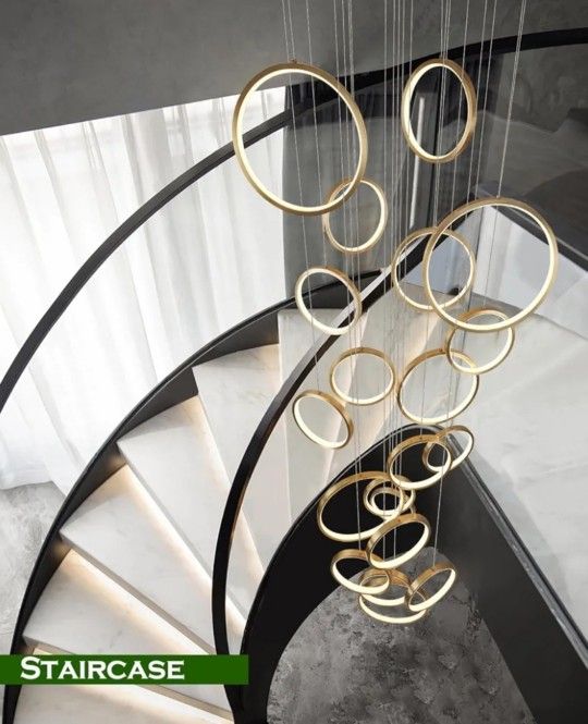 Long Chandelier for High Ceiling, Gold, 20 Rings Dimmable w/ Remote