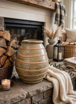 Signature Home Collection Beehive Pottery Vase 10" Sage Green Terracotta Stripes