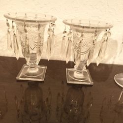 VINTAGE PAIR OF Elegant HEISEY IPSWICH PATTERN CENTERPIECE CANDLE HOLDERS W/ PRISMS  