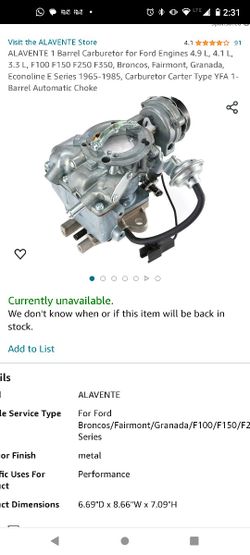 1 Barrel Carburador  Ford Enginen 