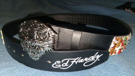 Ed Hardy Black Leather Belt with Tiger Buckle
