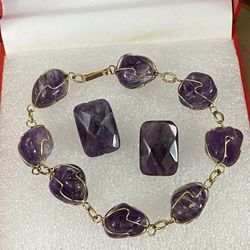 Juego Pulsera Aretes Gold Fillet Piedras Cuarzo Morado Joyería Antigua 
