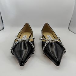 Jimmy Choo Black Patent Leather Crystal Strap Pointed Toe Flats Size 39