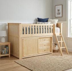 Transitional twin low loft bunk bed w/built-in dresser & Storage drawers