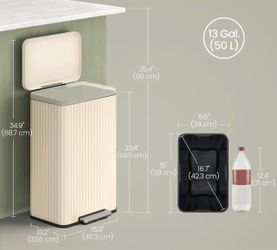 SONGMICS 13 Gallon (50 L) Flute Stainless Steel Trash Can w/ Pedal - Cream White