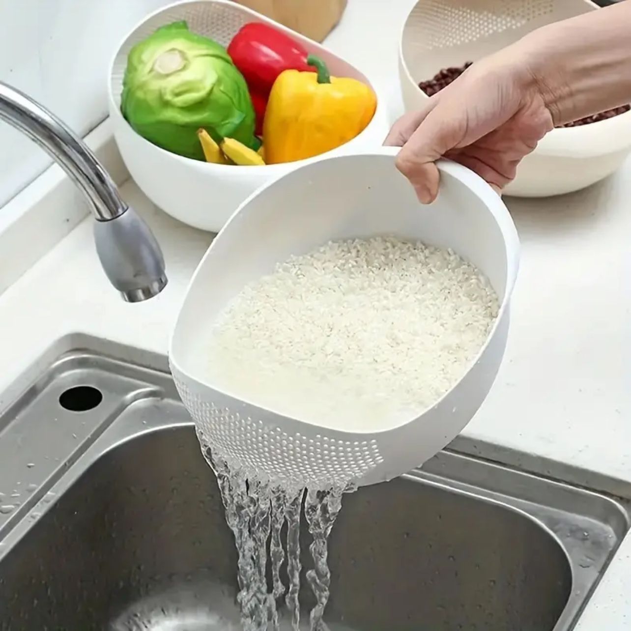 1pc, Plastic Rice Washing Bowl With Strainer - Efficiently Wash Small Grains And Kitchen Gadgets