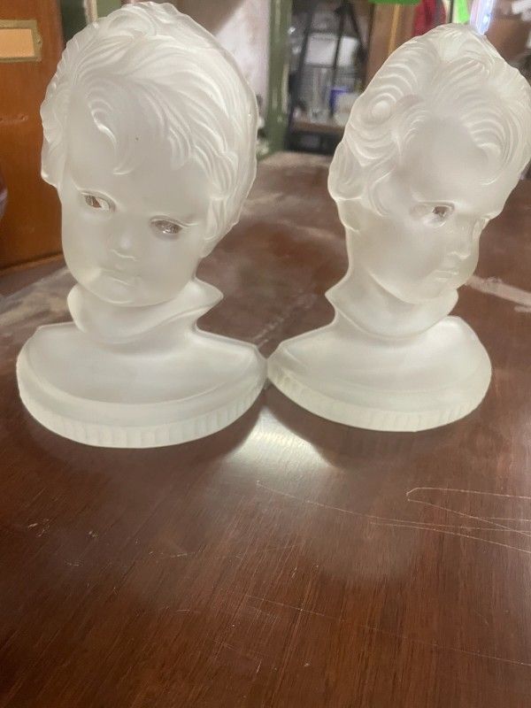 Antique Pair Of Satin Glass Bust Head Bookends Book holder