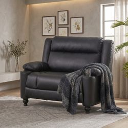 Black Faux Leather Recliner Chair with Cup Holders