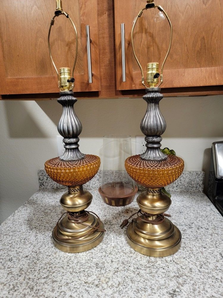Vintage 1960s MCM Amber Brass Hobnail Globe Lamps Pair