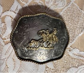 Western Rodeo Belt Buckle Silver and Gold