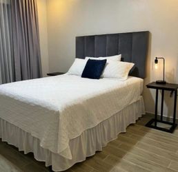 Gray Upholstered Bed Frame with Headboard