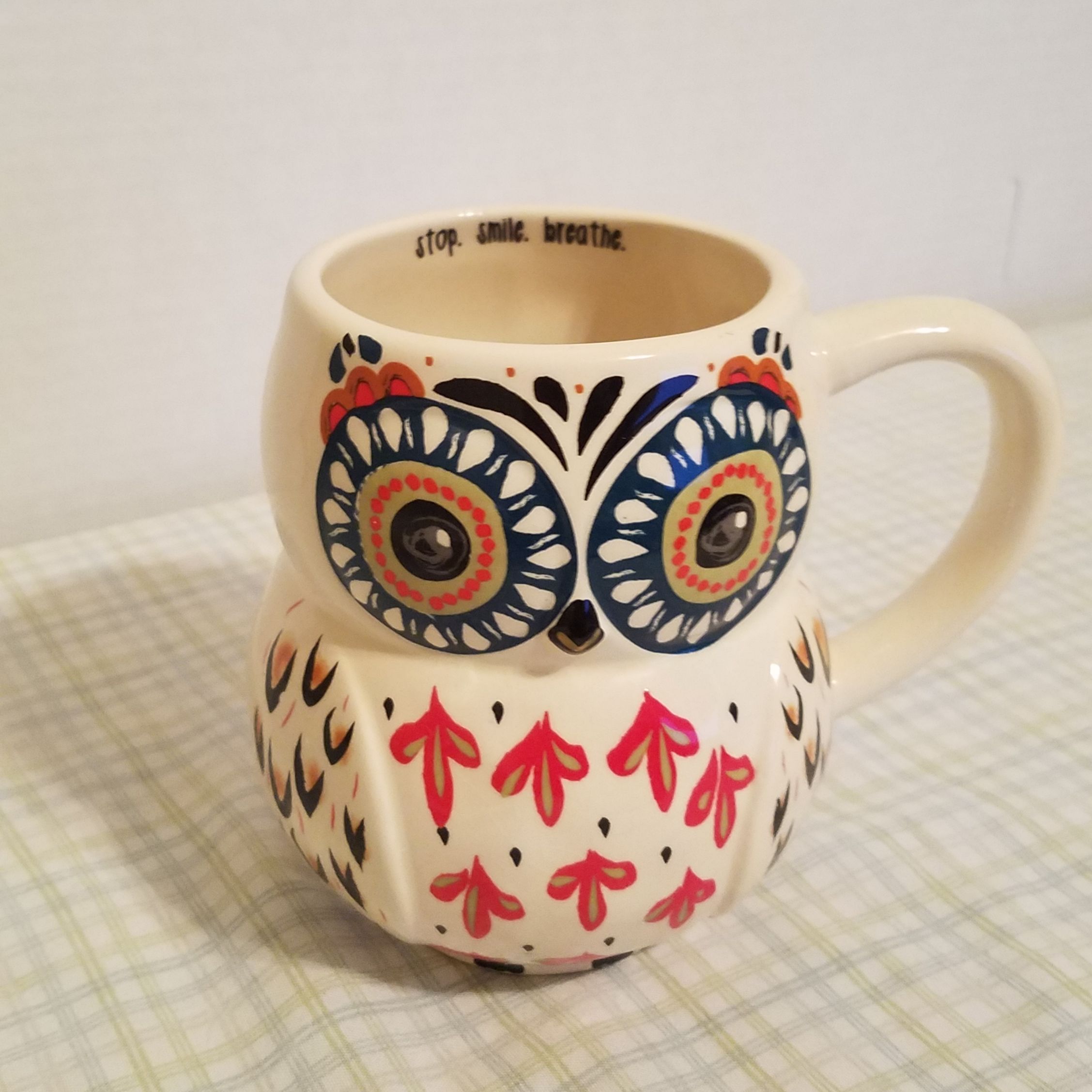Natural Life Cup Of Happy Owl Ceramic Porcelain Folk Art Mug 4 1/2" High