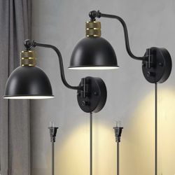 Plug in Wall Sconce Set of 2 Swing Arm Wall Lamp with Dimmable Switch, Farmhouse 2 in 1 Install Hardwired Wall Sconce Industrial Vintage Wall Mounted
