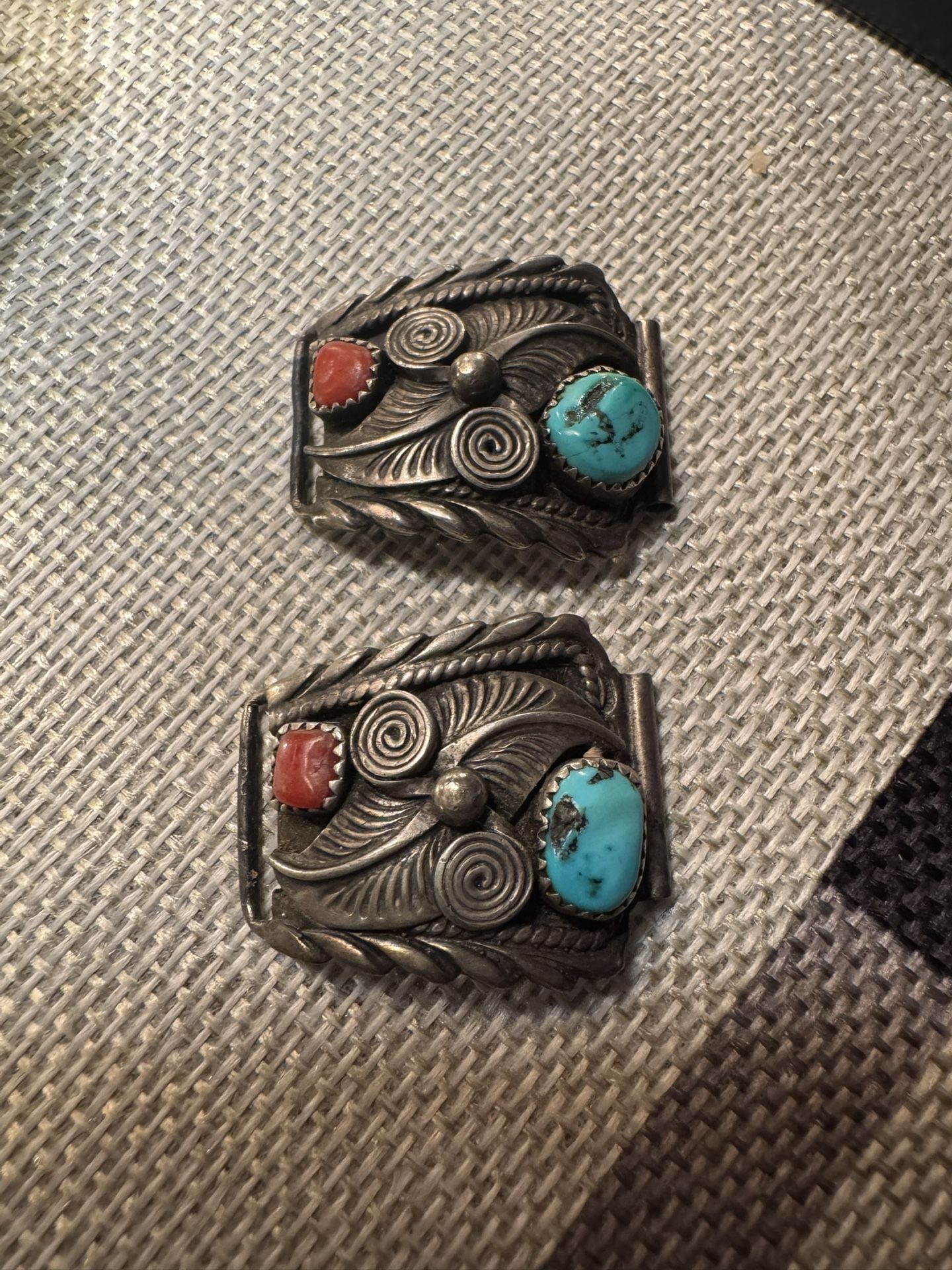 Vintage Native Southwestern Sterling Silver Turquoise & Red Coral Watch Bracelet Links