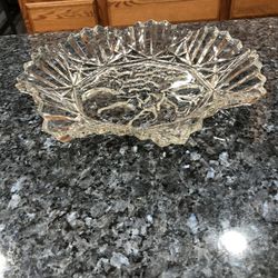 Vintage 11 inch wide Federal Think Glass Pioneer Intaglio With A Ruffle Edge Bowl.  The pattern in the center is fruit.  Preowned Excellent Condition 