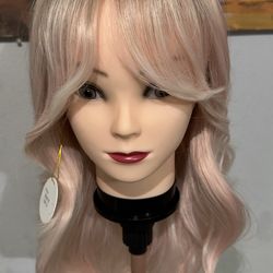 Synthetic Blend Pink Blonde Ombre Wavy Wig with Bangs and realistic scalp