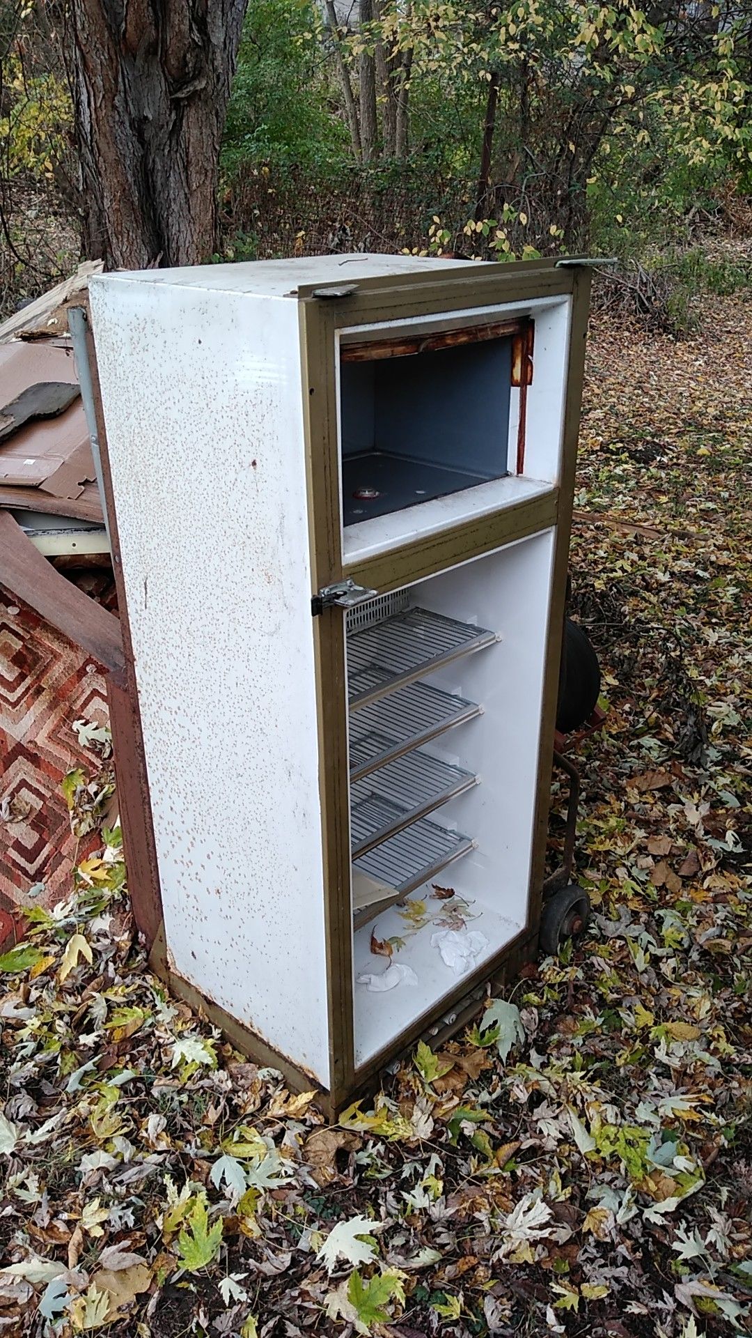 RV Refrigerator. Runs on electric and propane. Needs refurbished, but works great.