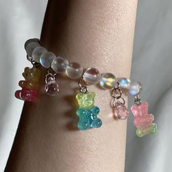 Rose Quartz Tear Drop & Neon Gummy Bear Charm Bracelet 