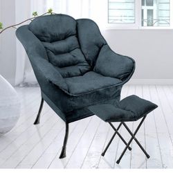 Lazy Chair with Ottoman, Comfy Reading Chair with Ottoman Set, Oversized- Ocean blue