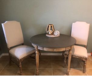 Pier 1 Round Gray Natural Whitewashed Dining Table - Upholstered Dining Chairs w/Nailhead Trim