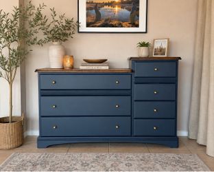 Refinished Navy Blue Dresser | Dark Walnut Wood Tops | Antique Brass Hardware | 7 Drawers