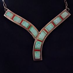 Vintage Sterling Silver, Opal, Turquoise, And Coral Necklace 