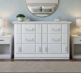 Traditional white solid wood 6-drawer low boy dresser. 18deep x 46 1/2 W x 31 H.