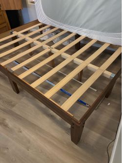 Full size wooden bed frame, mattress and mattress cover