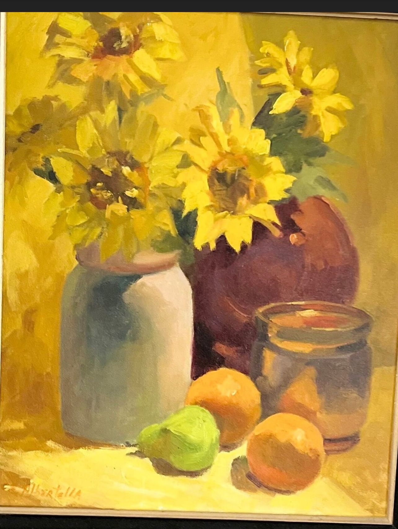 Original oil painting. Still life, flower vase with yellow flowers, sunflowers red and white vase. Vintage. Frame is not included. 1980’s.