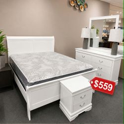 White 4 piece queen size bedroom set | included bed frame ,dresser ,mirror , nightstand