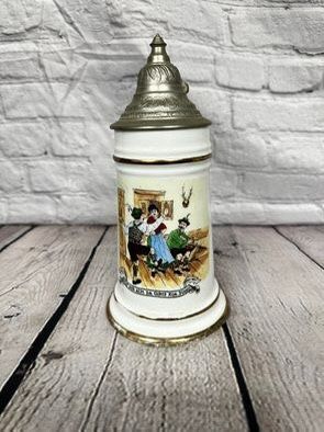 Vintage German Beer Stein White Porcelain Pewter Lid Lithopane 9" Ceramic