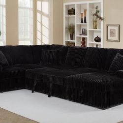 New Black Corduroy Sleeper Sectional With Storage Chaise! 