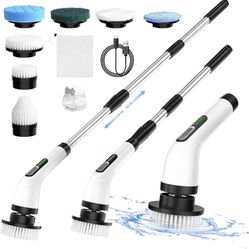 Electric Spin Scrubber, 2 Adjustable Speeds Cordless Electric Scrubber for Cleaning, Adjustable & Detachable Handle Shower Scrubber with 7 Replaceable