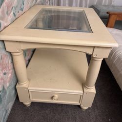 Cream Wood End Table with Glass Top & Drawer – $10 – Must Haul Away