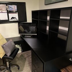 Large Black Desk W/hutch , Wheeled Return ,drawers