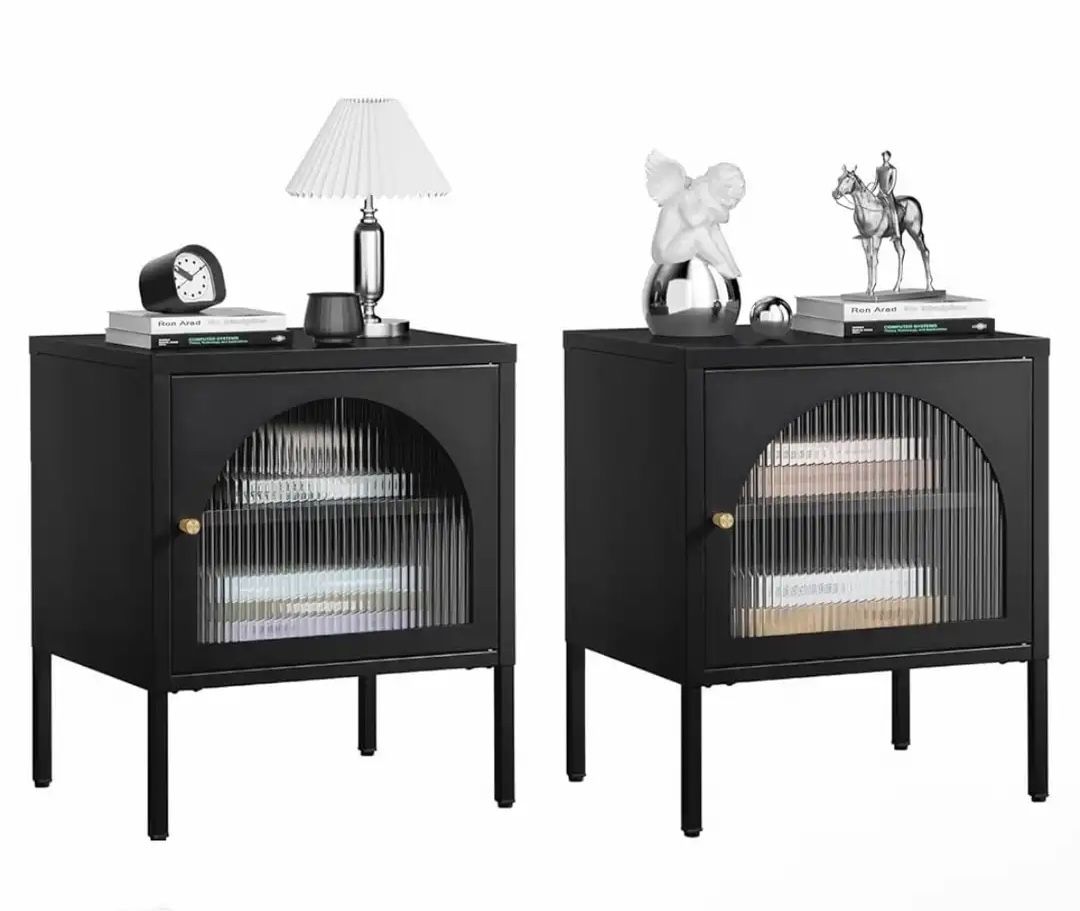 Set of 2,Modern Night Table - Night table with corrugated tempered glass door, cold rolled steel frame, storage shelf, black color
