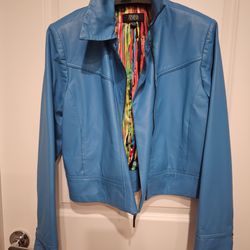 Blue leather jacket with multi color silk lining