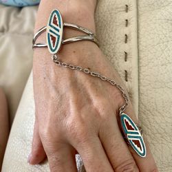 Turquoise And Coral Southwest Cuff Bracelet And Ring