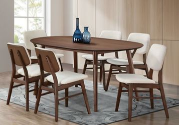 Brand New Walnut & Beige Mid-Century Modern Style 7pc Dining Table Set