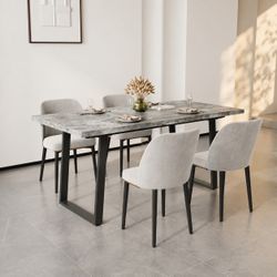 5 Piece- Marble Wood Dining Table With 4 Grey Chairs 