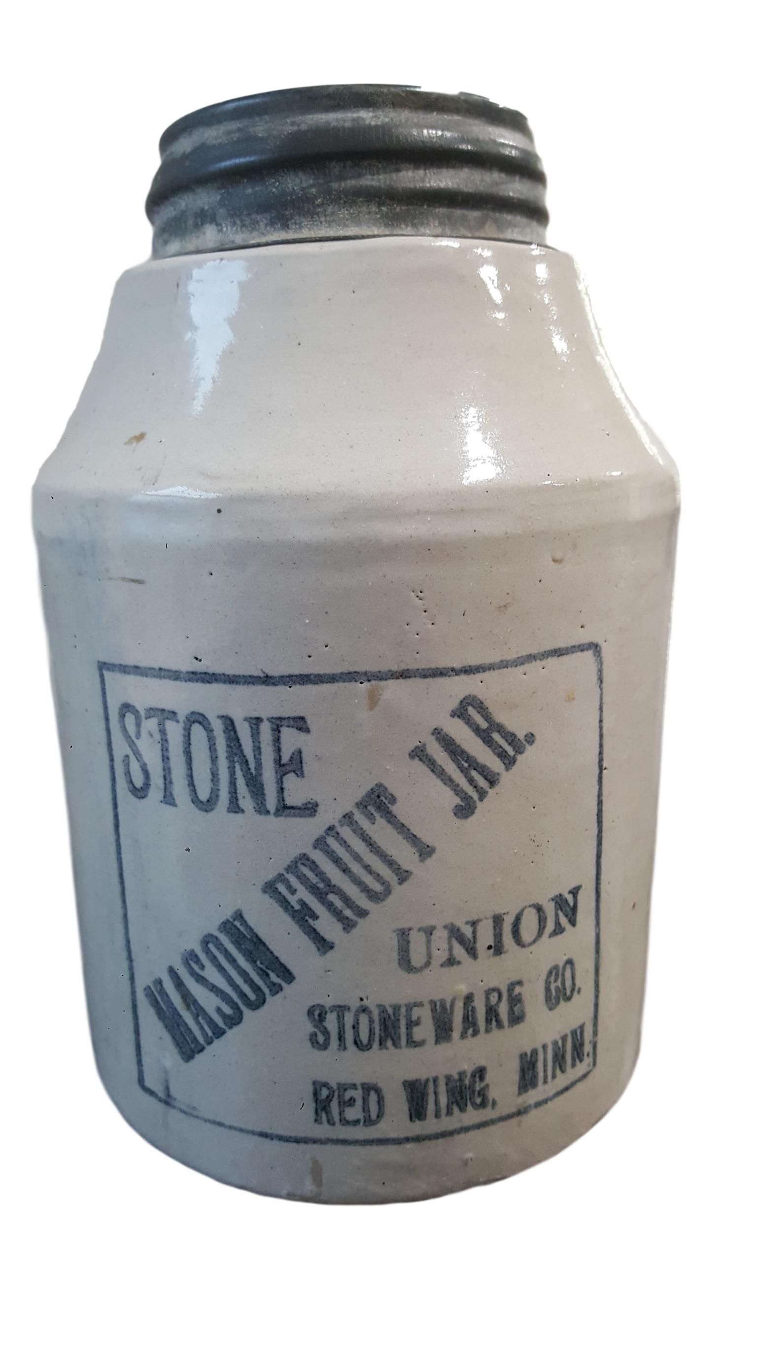 Union Stoneware Co. Red Wing. Minn. Stone Mason Jar with Zinc Lid Pat. Jan. 1899 Antique