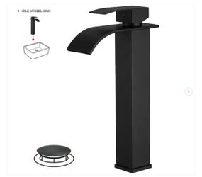 Waterfall Single Hole Single Handle Tall Bathroom Vessel Sink Faucet With Supply Hose in Matte Black - New