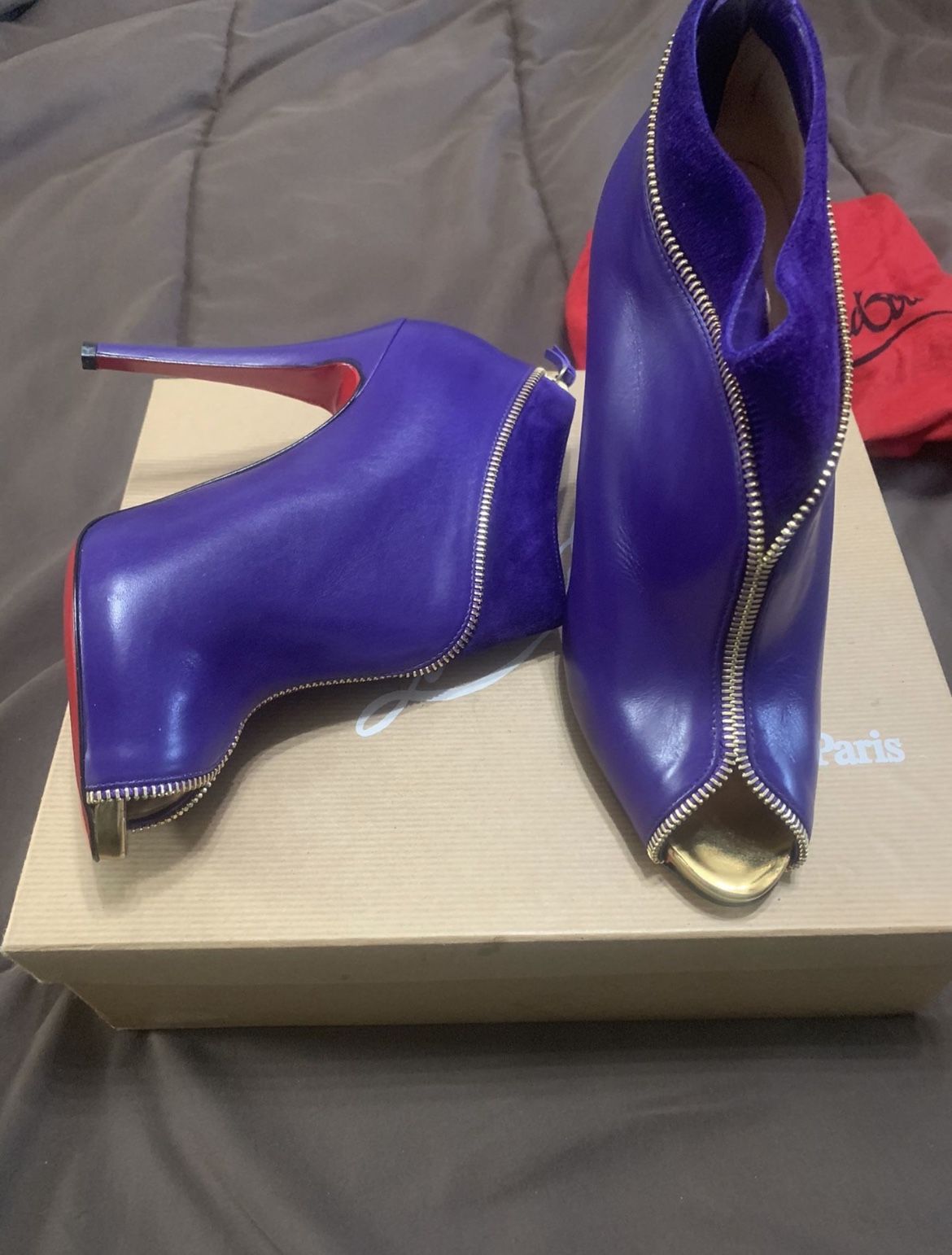 Christian Louboutin Purple Leather And Suede Clo Zippe Peep Toe Boots Size 39