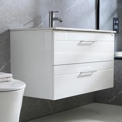 36 inch White Bathroom Vanity with Sink Set Wall Mounted Vanity with Ceramic Top and Faucet, Glossy Surface