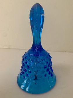 Vintage Fenton Depression Glass Hobnail Colonial Blue Decorative Bell Saw Edge Handle