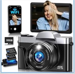 4K Digital Camera for Photography with WiFi,64MP Autofocus Vlogging Camera for YouTube,3'' 180° Flip Screen Compact Travel Camera for Teens with 32GB 