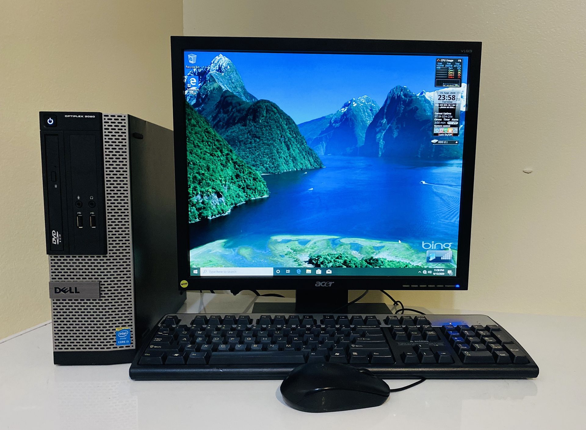 DELL Core I3 @3,6 GHz, 4 Cores, Dual Display Desktop, VGA/DP .500GB HDD 4GB RAM, HD Graphics USB3/8 Ports, , Speaker, 19” Monit/Keyb/Mouse, Win10 Pro