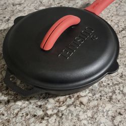 Cuisinel Cast Iron Skillet with Lid - 8"-inch Pre-Seasoned Covered Frying Pan Set + Silicone Handle and Lid Holders + Scraper/Cleaner