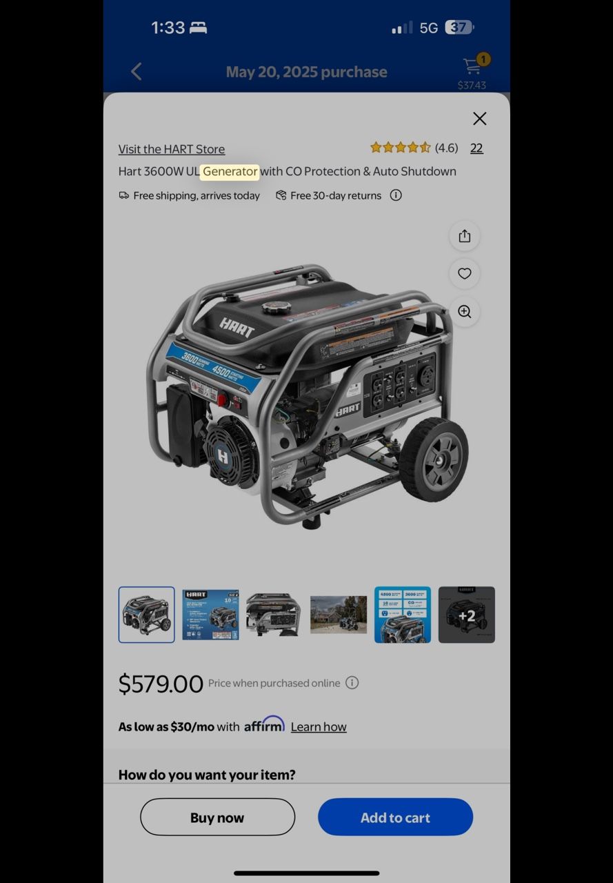 Hart generator 3600w ul